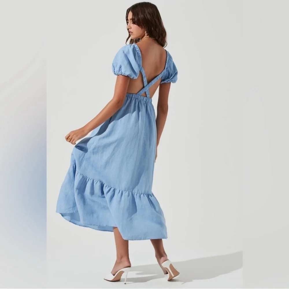 ASTR The Label Maxi Dress S Blue Linen Puff Sleeve Cutout Cottagecore Boho